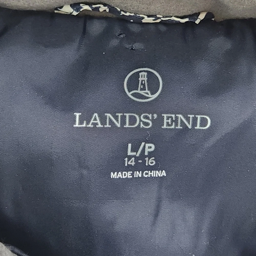 LANDS' END navy Blue/White Floral‎ Down Puffer Vest Insulated full-zip L (14-16)